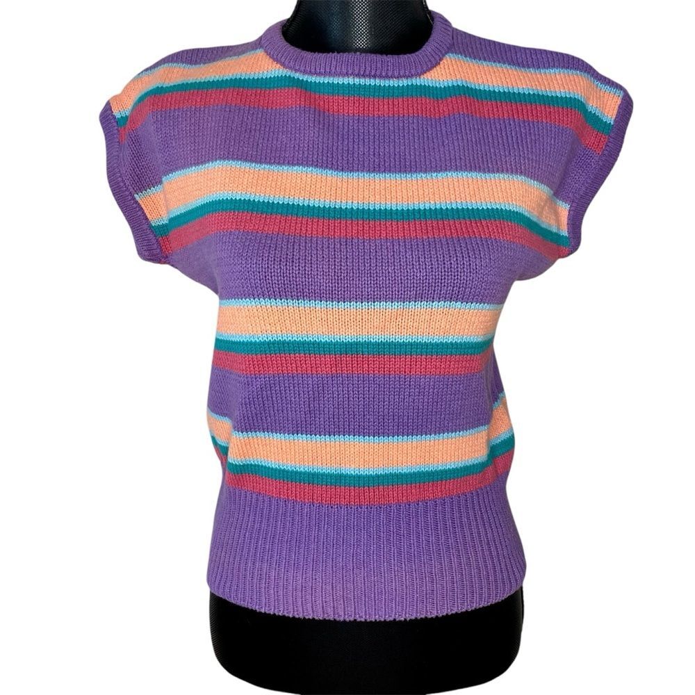 Gloria Vanderbilt Sweater Vest Vintage Knit Stripe Short Sleeve Purple Large